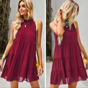 Wine Red Boho Tiered Dress